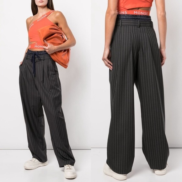 MONSE Double Waistband High Rise Pinstripe Virgin Wool Pleated Wide Leg Pants 6 - Picture 4 of 10